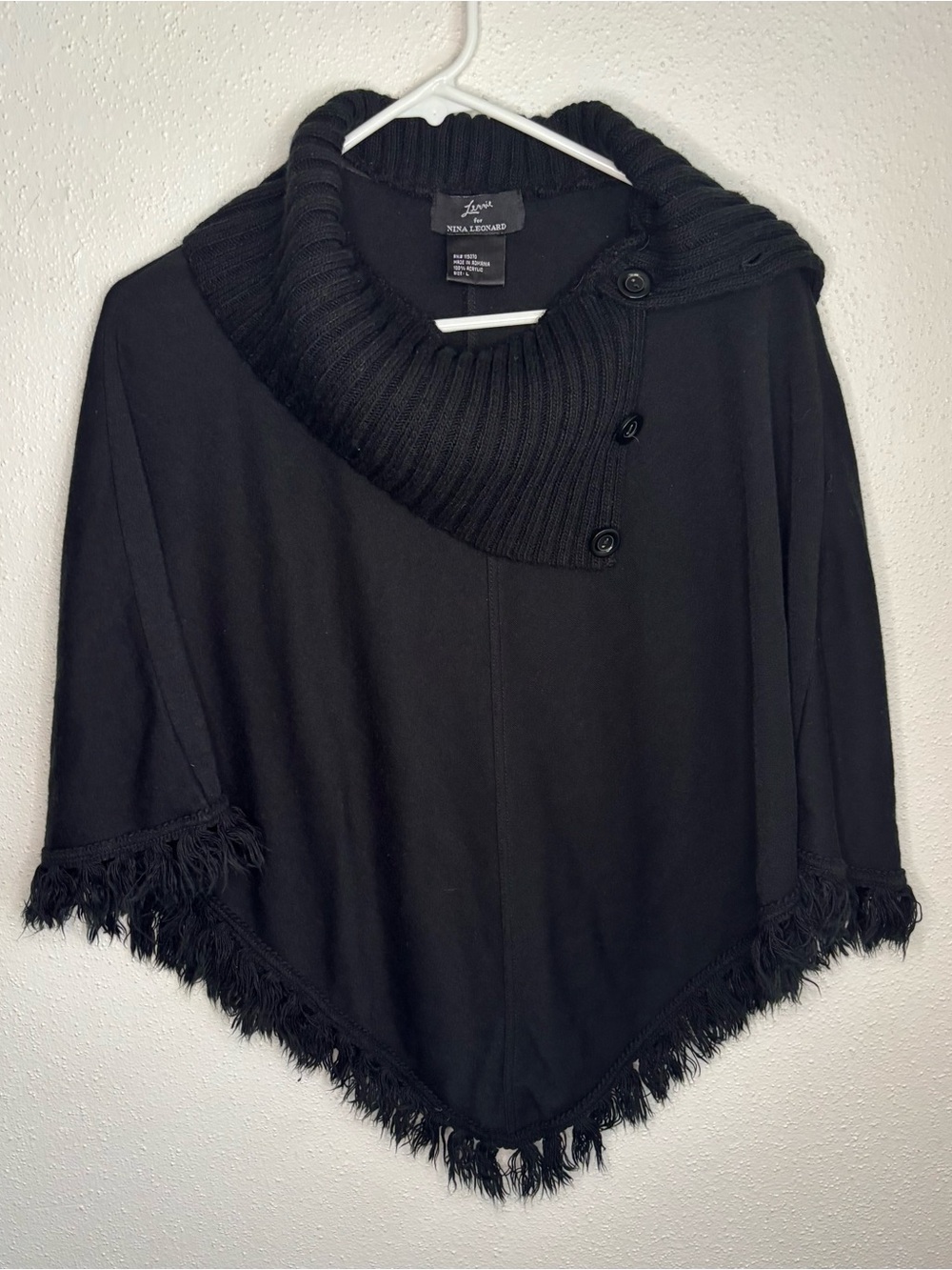 Nina Leonard Black Fringe-Trim Button Collar Poncho